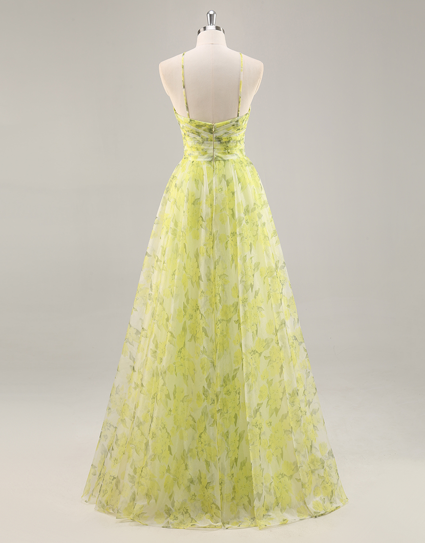 Yellow Green Floral A Line Tulle Long Prom Dress with Keyhole