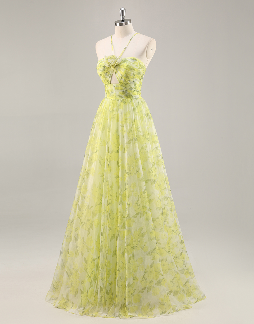 Yellow Green Floral A Line Tulle Long Prom Dress with Keyhole