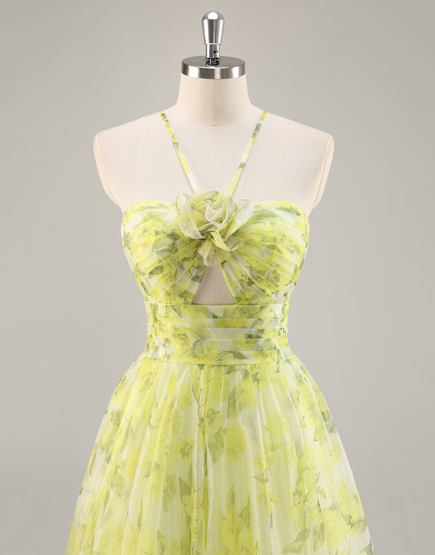 Yellow Green Floral A Line Tulle Long Prom Dress with Keyhole
