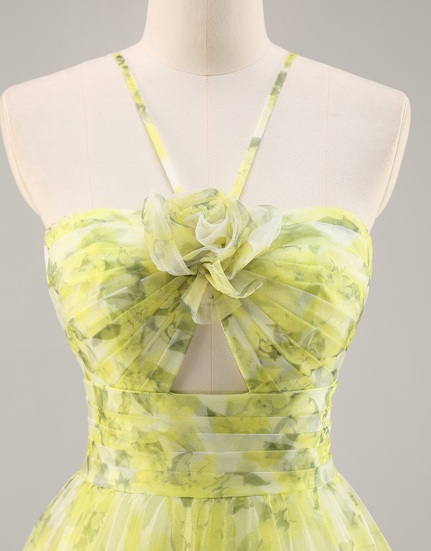 Yellow Green Floral A Line Tulle Long Prom Dress with Keyhole