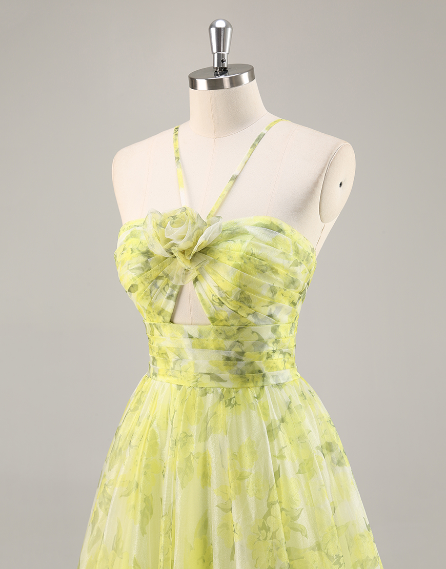 Yellow Green Floral A Line Tulle Long Prom Dress with Keyhole