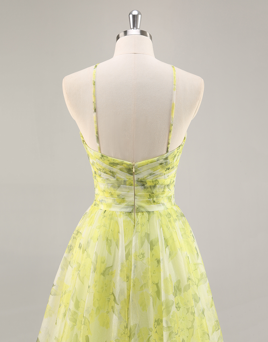 Yellow Green Floral A Line Tulle Long Prom Dress with Keyhole