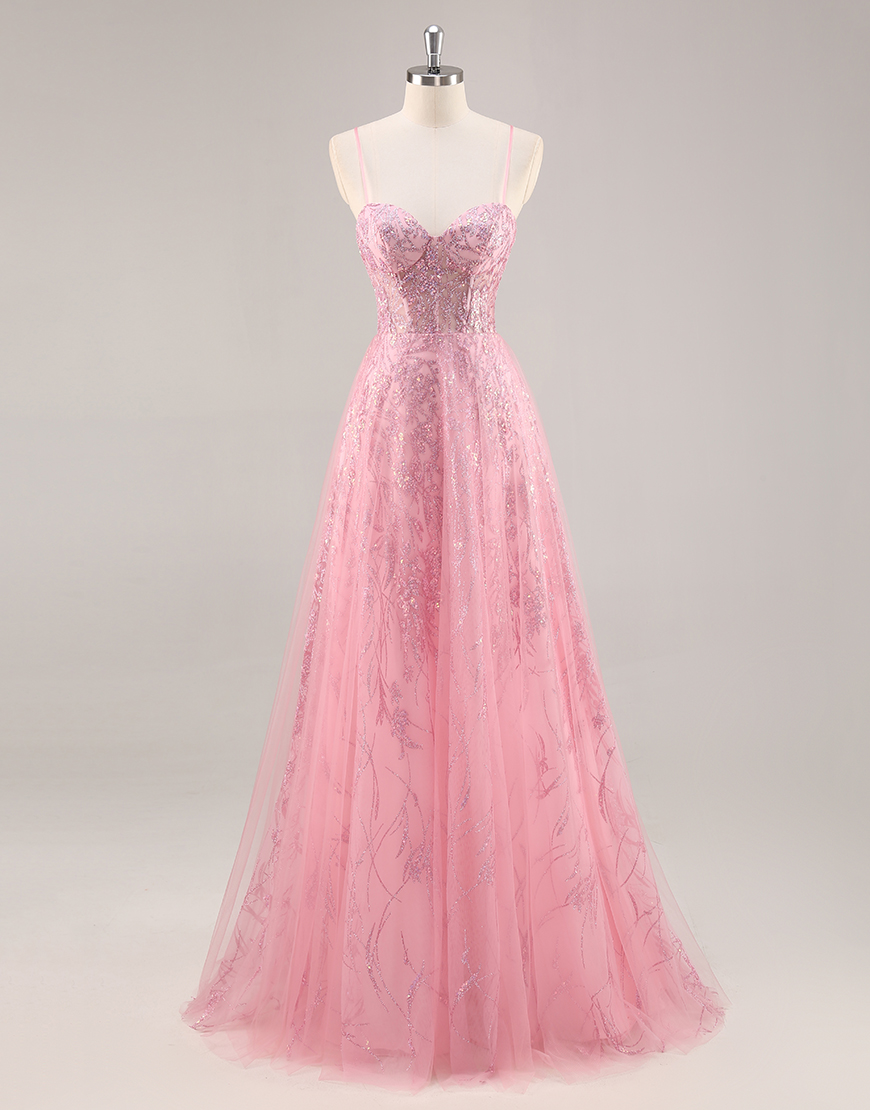 Sparkly Pink Corset Spaghetti Straps Tulle Long Prom Dress with Sequins