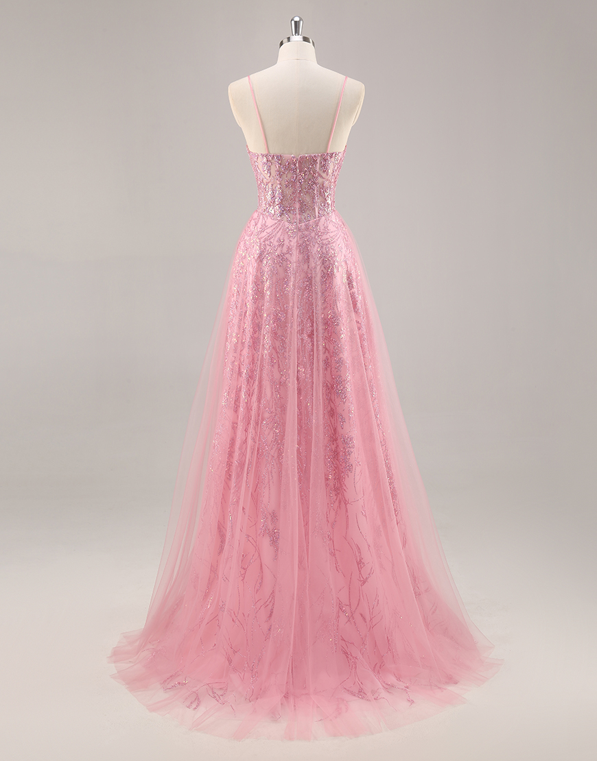 Sparkly Pink Corset Spaghetti Straps Tulle Long Prom Dress with Sequins