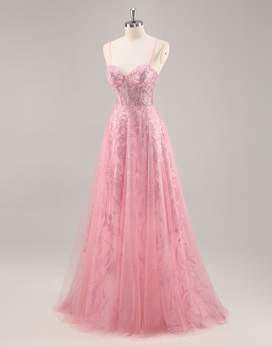 Sparkly Pink Corset Spaghetti Straps Tulle Long Prom Dress with Sequins