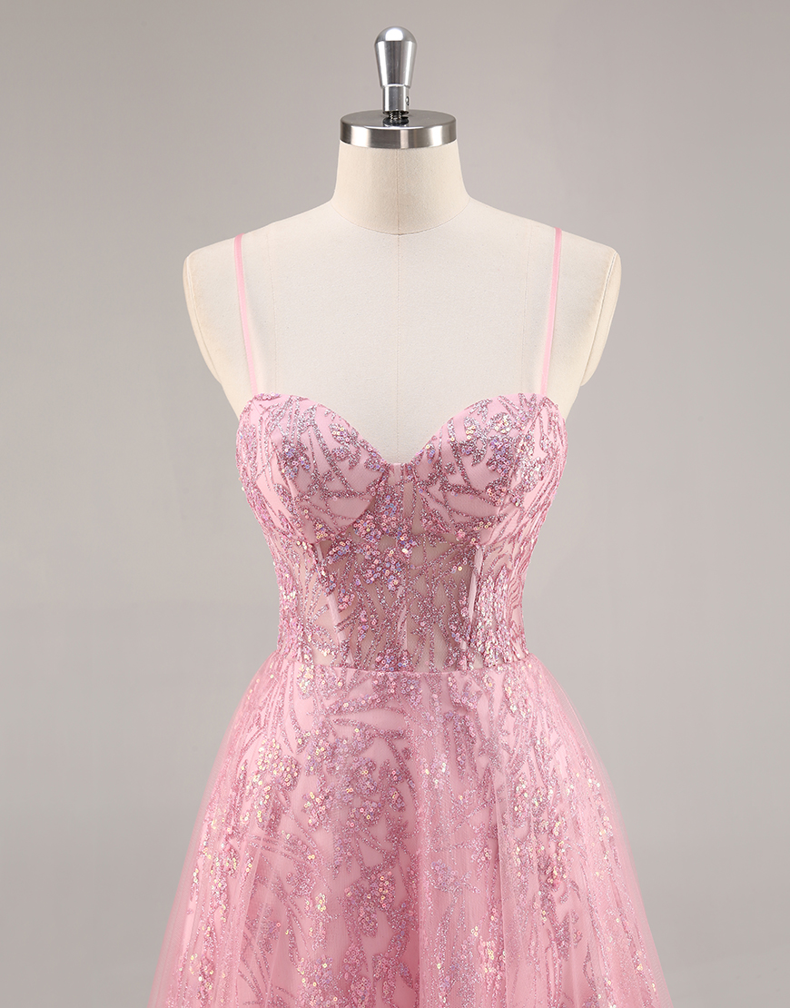 Sparkly Pink Corset Spaghetti Straps Tulle Long Prom Dress with Sequins