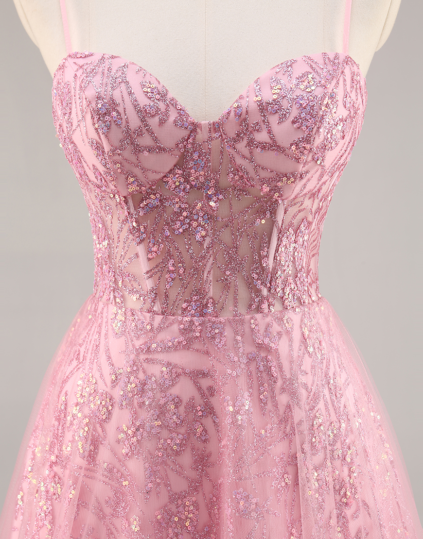 Sparkly Pink Corset Spaghetti Straps Tulle Long Prom Dress with Sequins