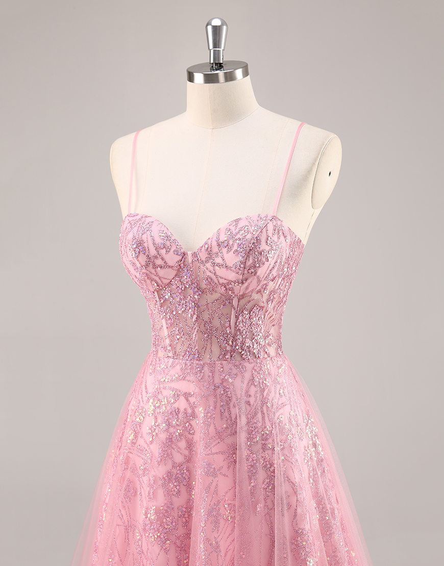 Sparkly Pink Corset Spaghetti Straps Tulle Long Prom Dress with Sequins
