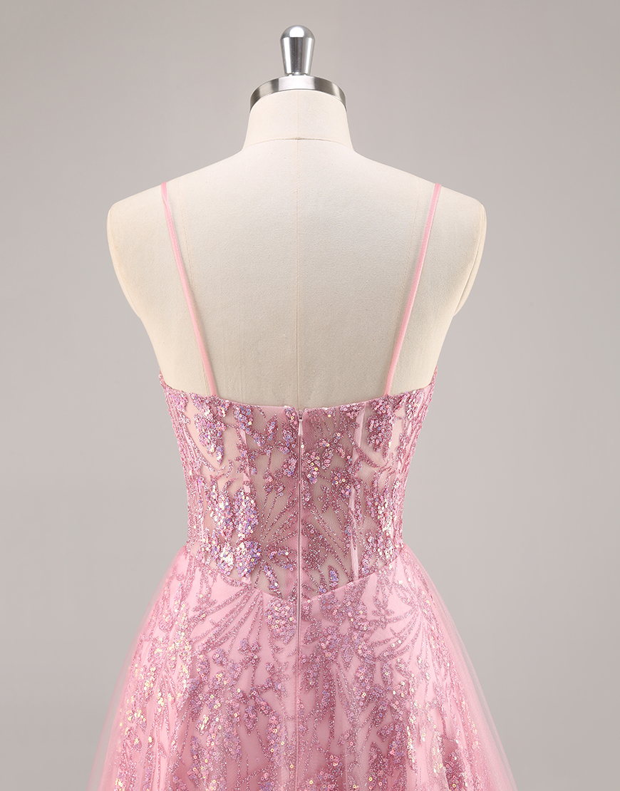 Sparkly Pink Corset Spaghetti Straps Tulle Long Prom Dress with Sequins