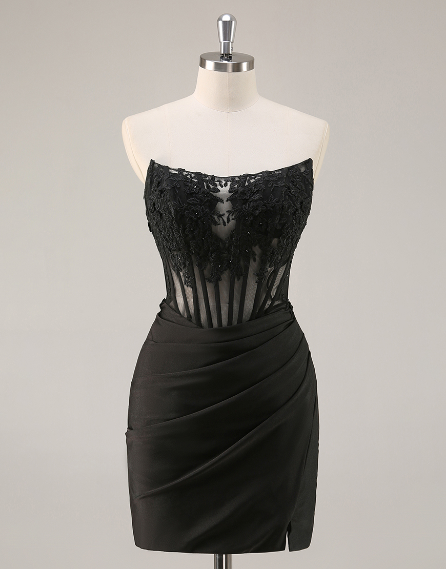 Black Bodycon Satin Short Corset Homecoming Dress with Lace