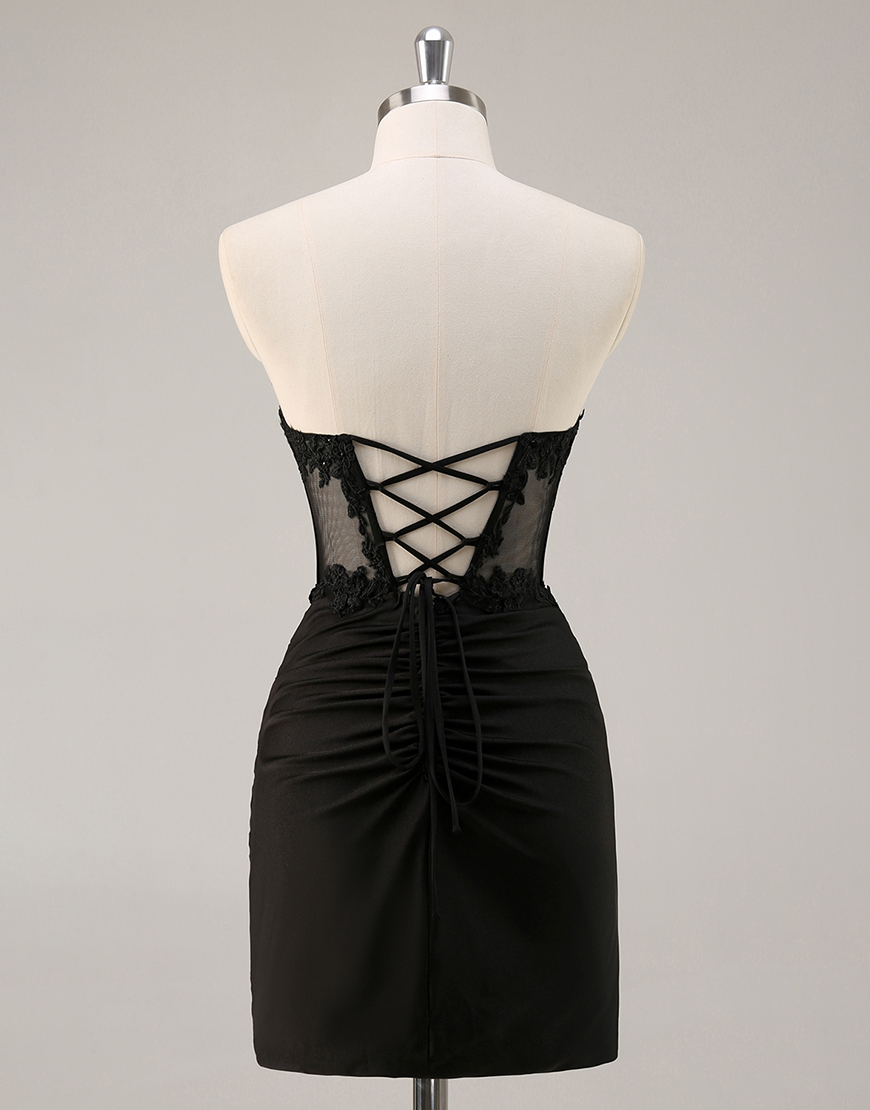 Black Bodycon Satin Short Corset Homecoming Dress with Lace