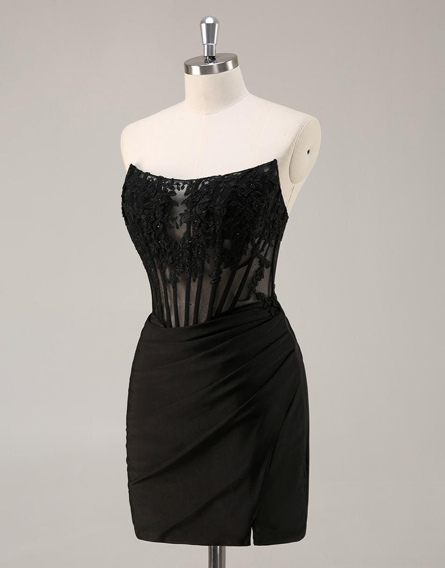 Black Bodycon Satin Short Corset Homecoming Dress with Lace