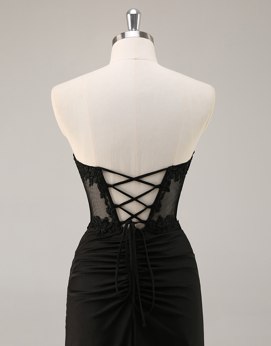 Black Bodycon Satin Short Corset Homecoming Dress with Lace