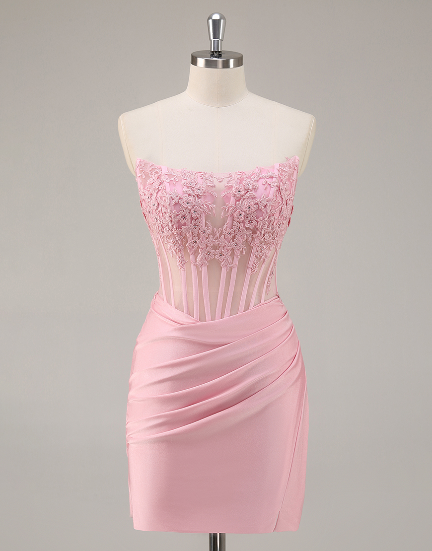Pink Corset Bodycon Short Homecoming Dress with Lace