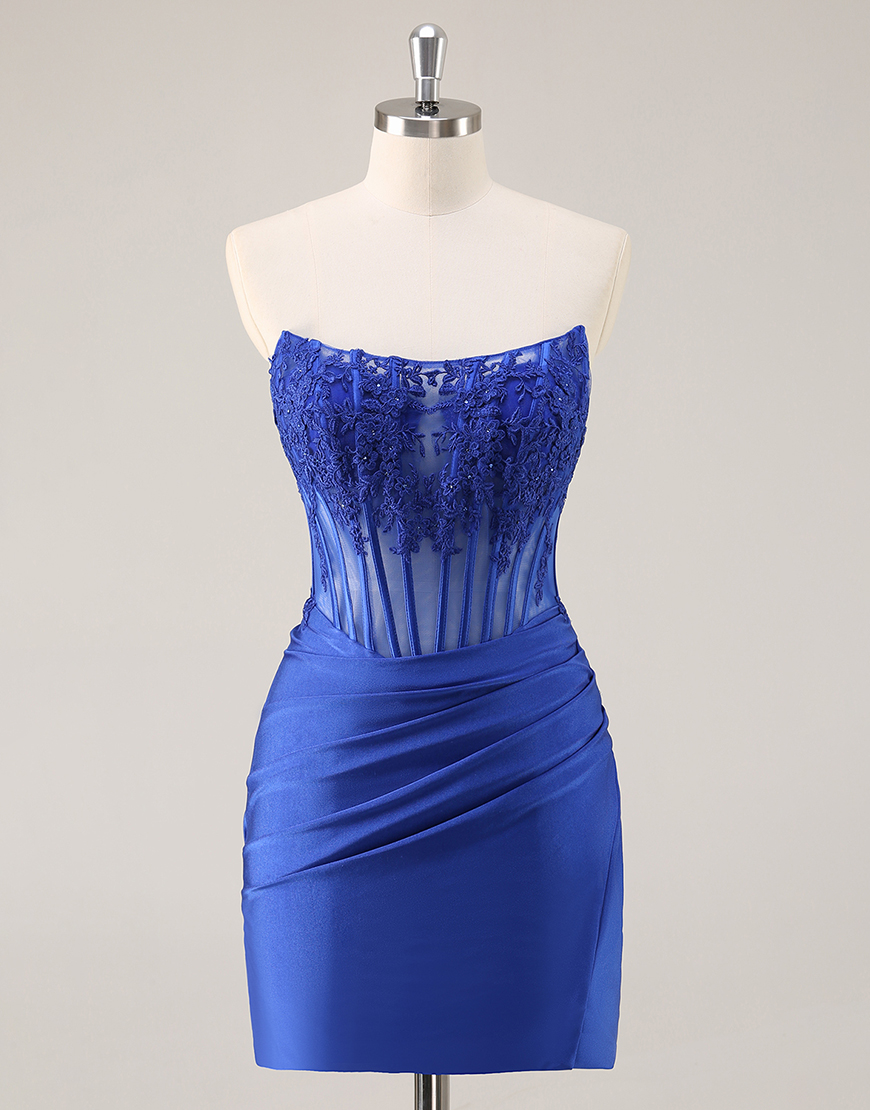 Royal Blue Satin Short Corset Homecoming Dress with Lace