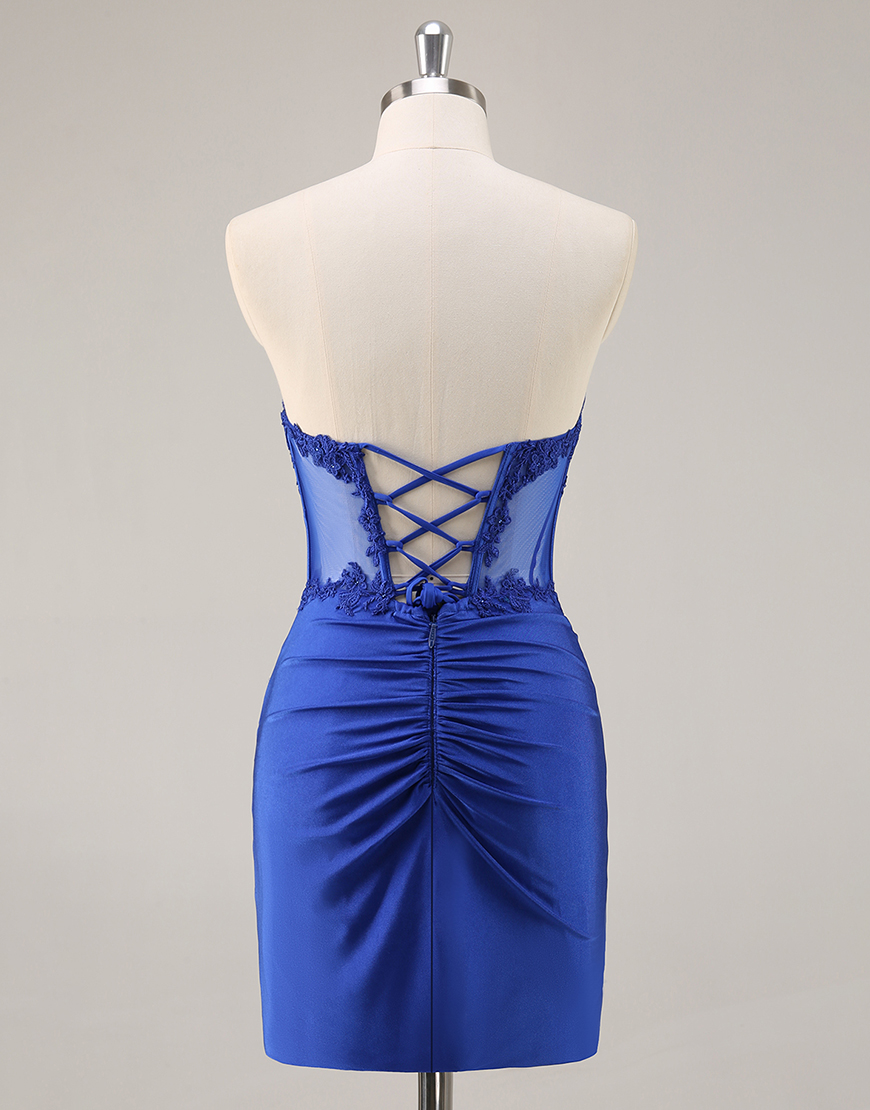 Royal Blue Satin Short Corset Homecoming Dress with Lace