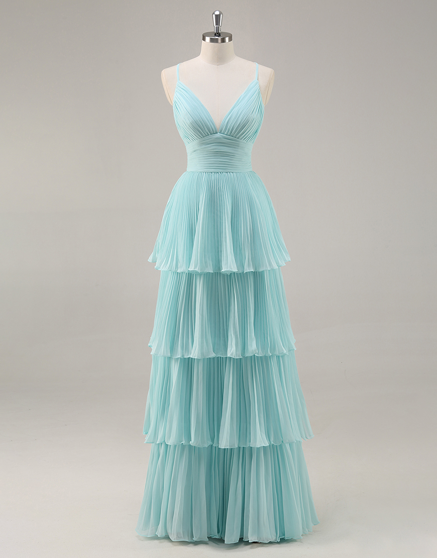 Green A Line Tiered Chiffon Long Pleated Prom Dress