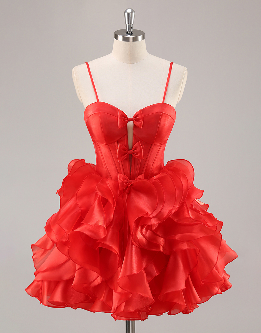 Red Organza Corset Short Ruffled Homecoming Dress with Bows