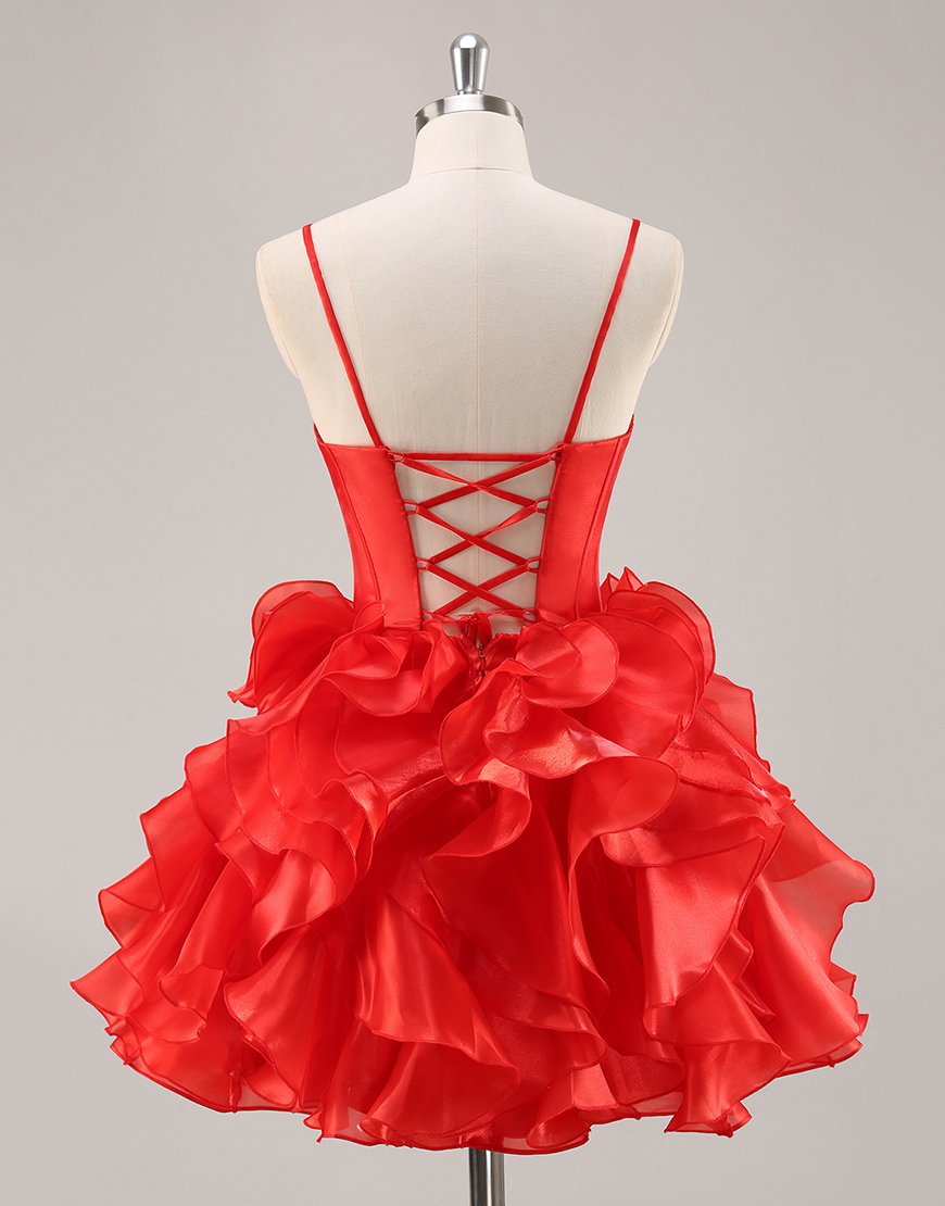 Red Organza Corset Short Ruffled Homecoming Dress with Bows