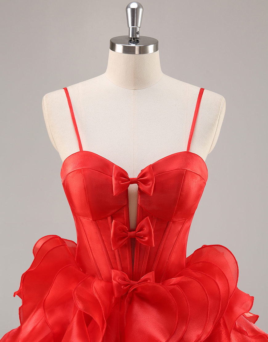 Red Organza Corset Short Ruffled Homecoming Dress with Bows
