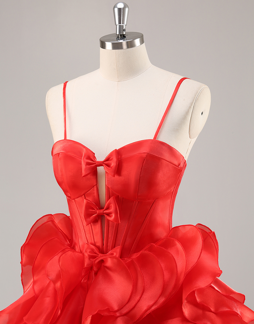 Red Organza Corset Short Ruffled Homecoming Dress with Bows