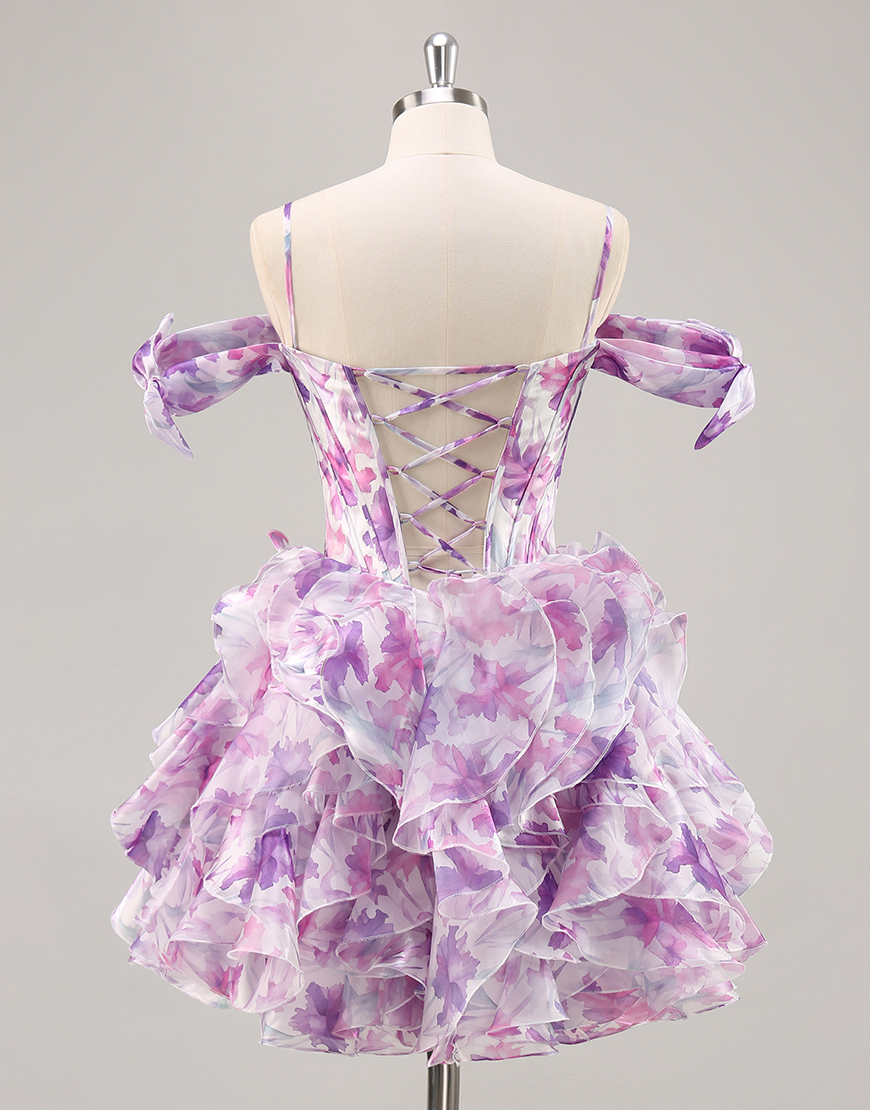 Purple Floral Chiffon Corset Cold Shoulder Short Homecoming Dress