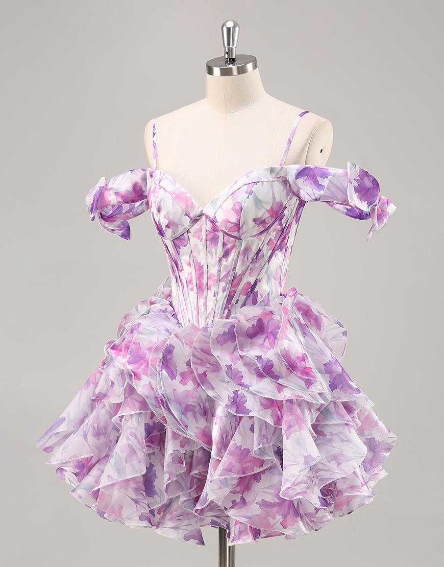 Purple Floral Chiffon Corset Cold Shoulder Short Homecoming Dress