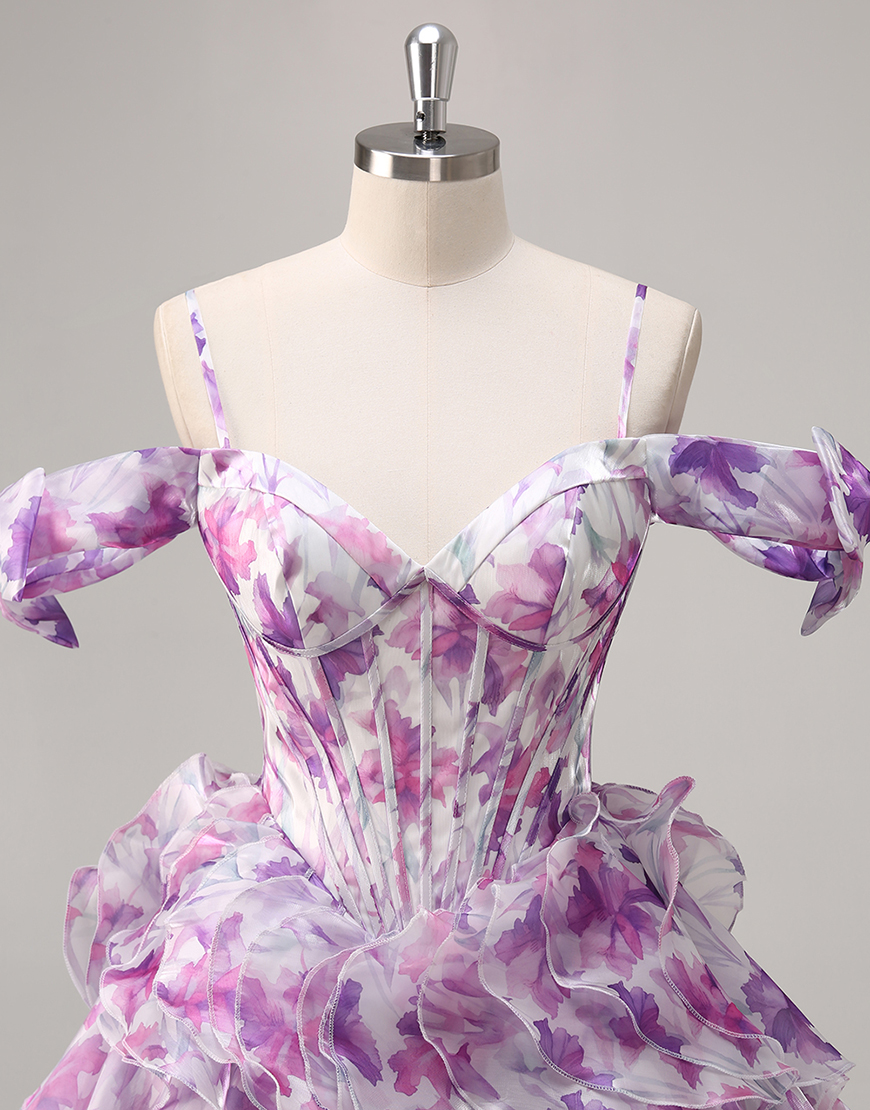 Purple Floral Chiffon Corset Cold Shoulder Short Homecoming Dress