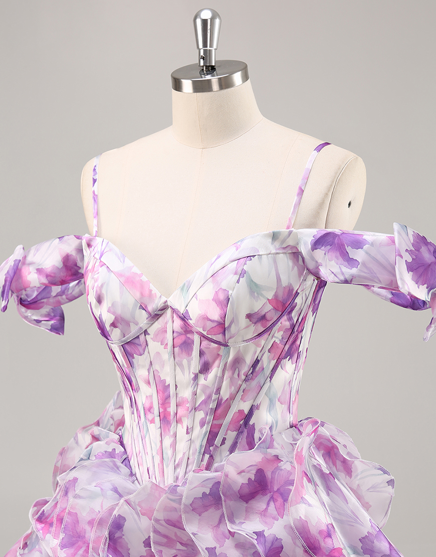 Purple Floral Chiffon Corset Cold Shoulder Short Homecoming Dress