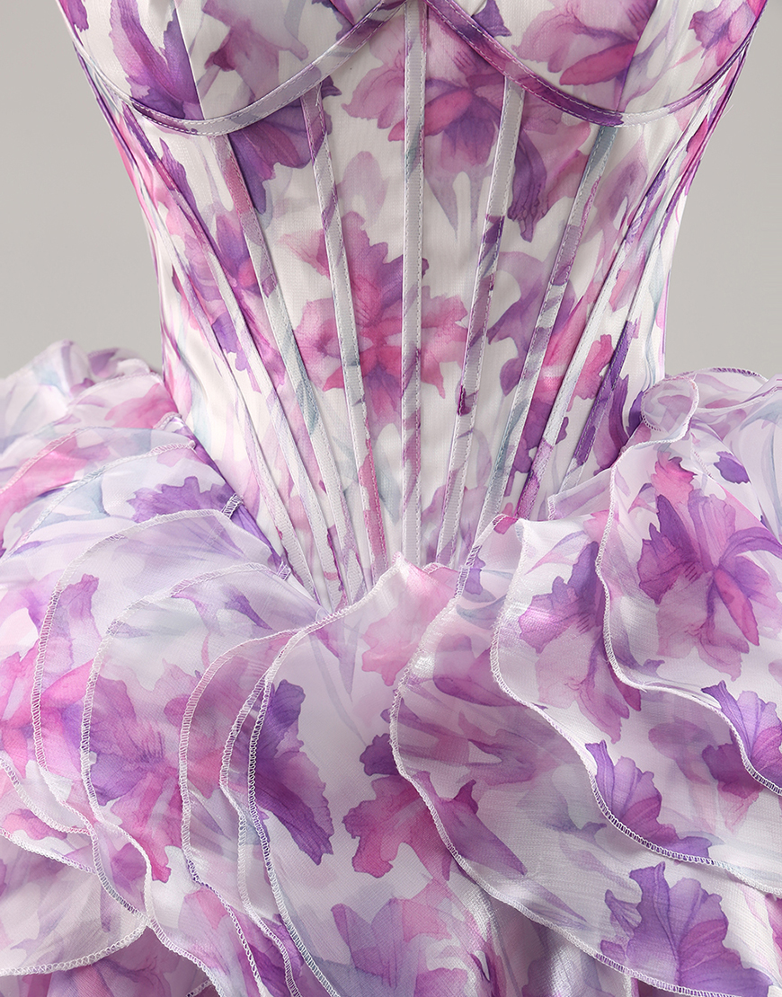 Purple Floral Chiffon Corset Cold Shoulder Short Homecoming Dress