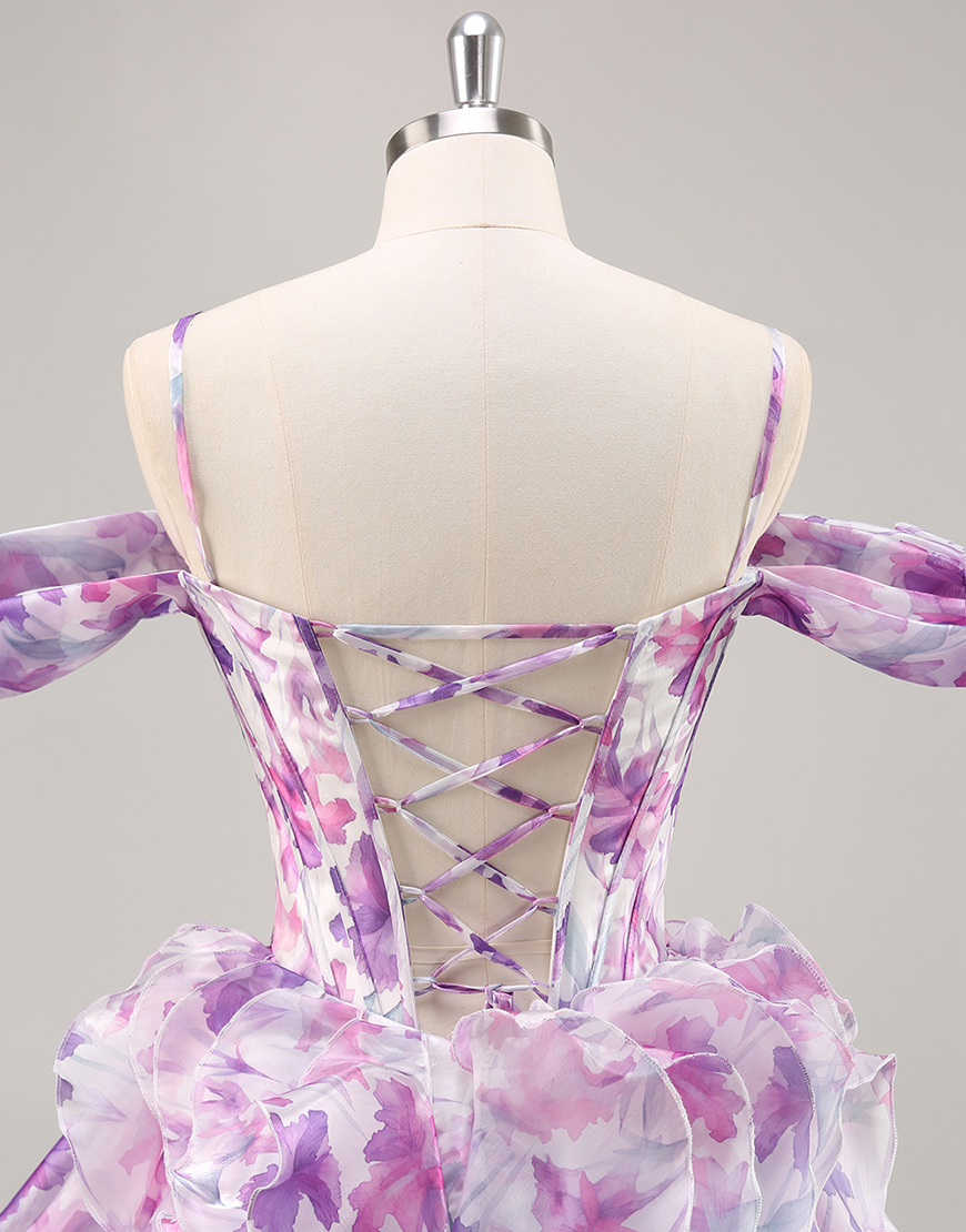 Purple Floral Chiffon Corset Cold Shoulder Short Homecoming Dress