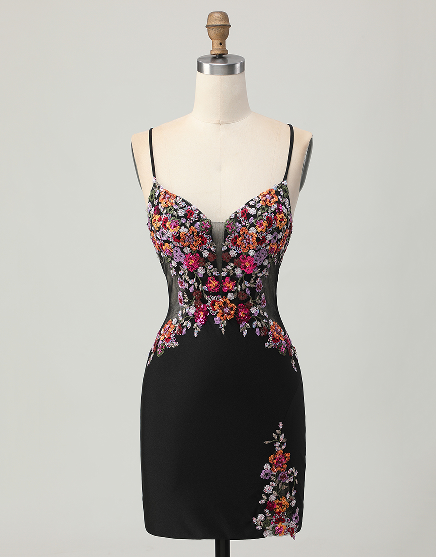 Black Floral Tight Spaghetti Straps Short Corset Homecoming Dress
