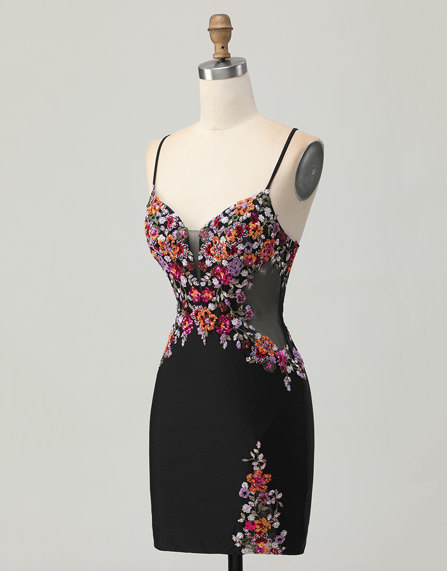 Black Floral Tight Spaghetti Straps Short Corset Homecoming Dress