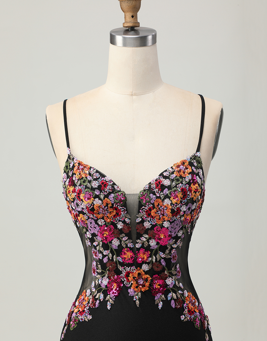 Black Floral Tight Spaghetti Straps Short Corset Homecoming Dress