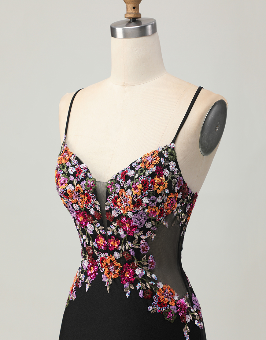 Black Floral Tight Spaghetti Straps Short Corset Homecoming Dress