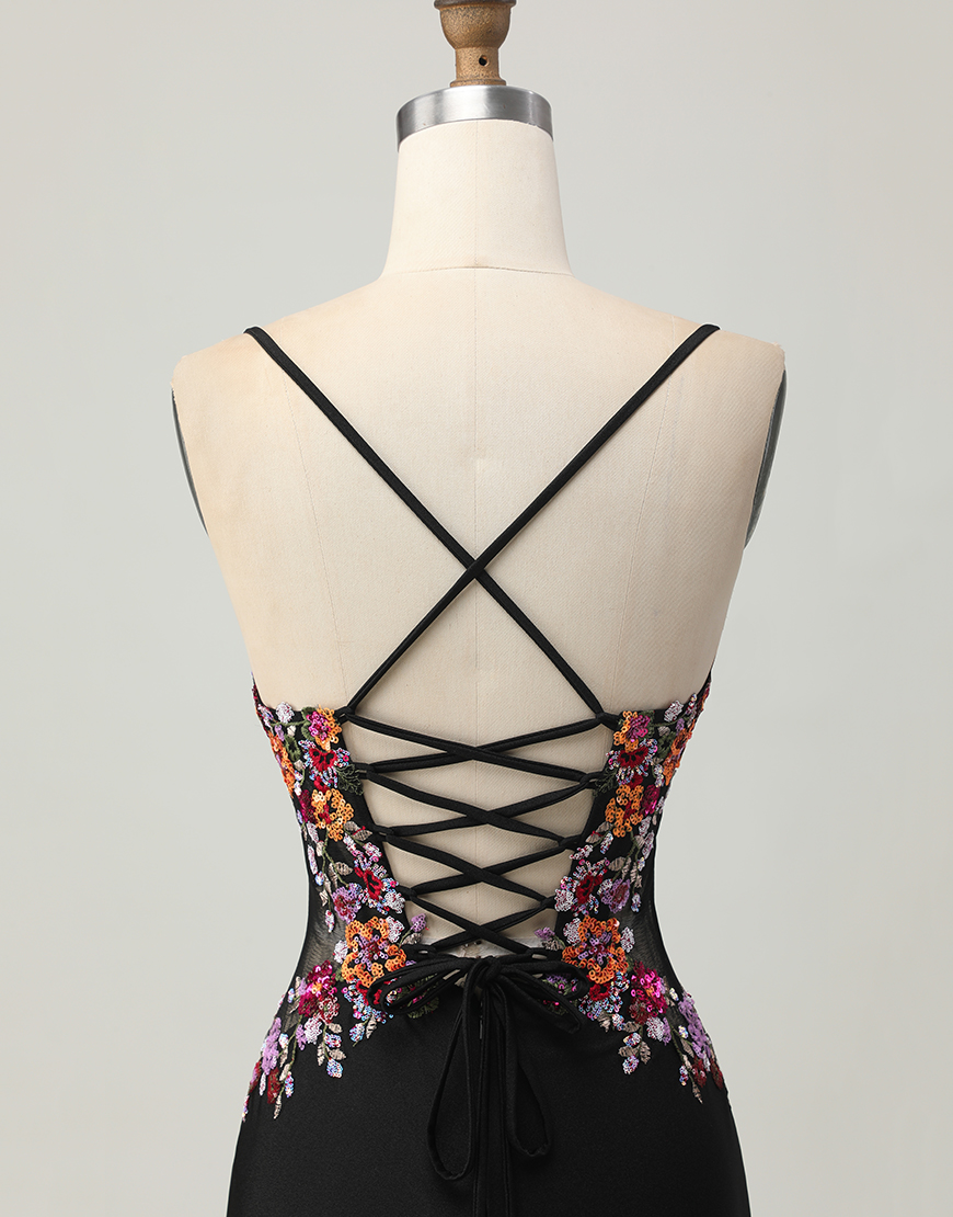 Black Floral Tight Spaghetti Straps Short Corset Homecoming Dress