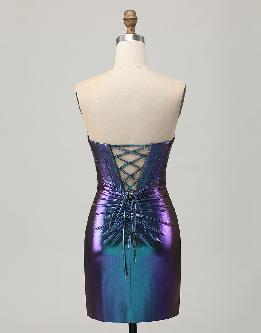 Blue Purple Metallic Tight Keyhole Short Corset Homecoming Dress