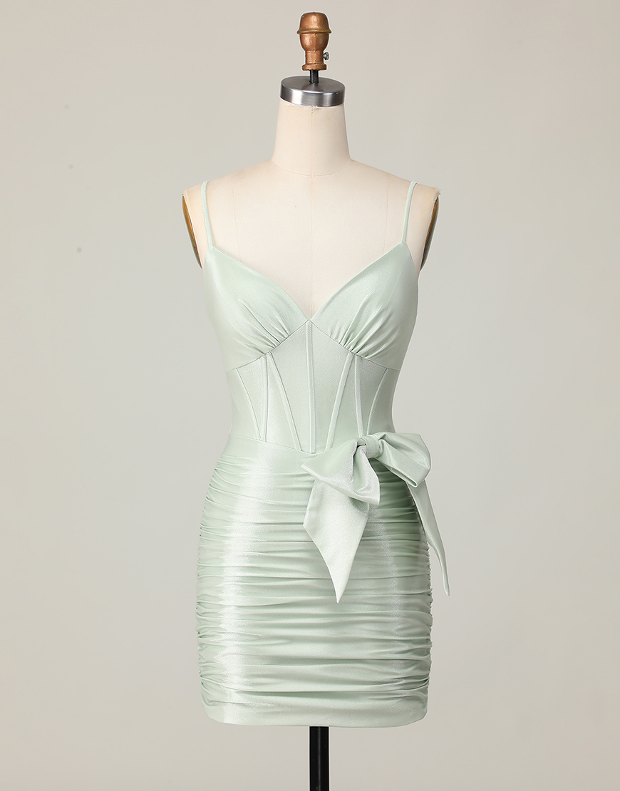 Sage Satin Tight Short Corset Homecoming Dress with Bow