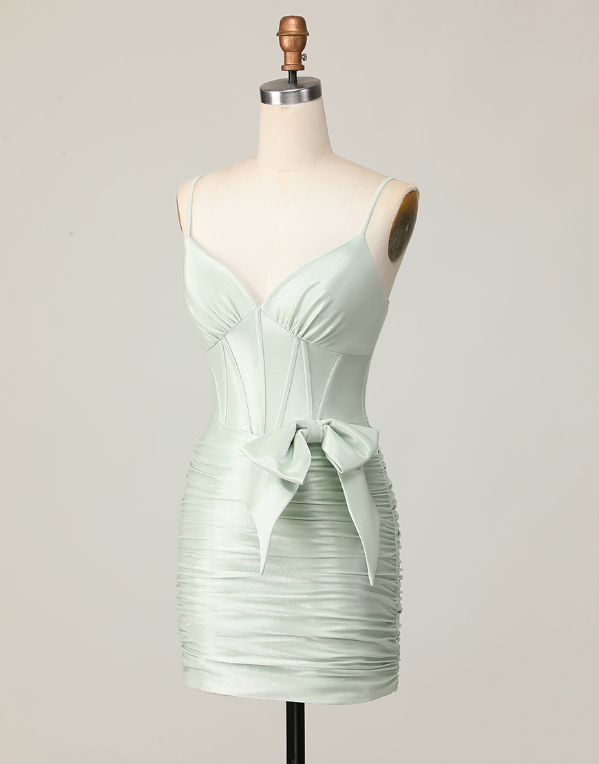Sage Satin Tight Short Corset Homecoming Dress with Bow