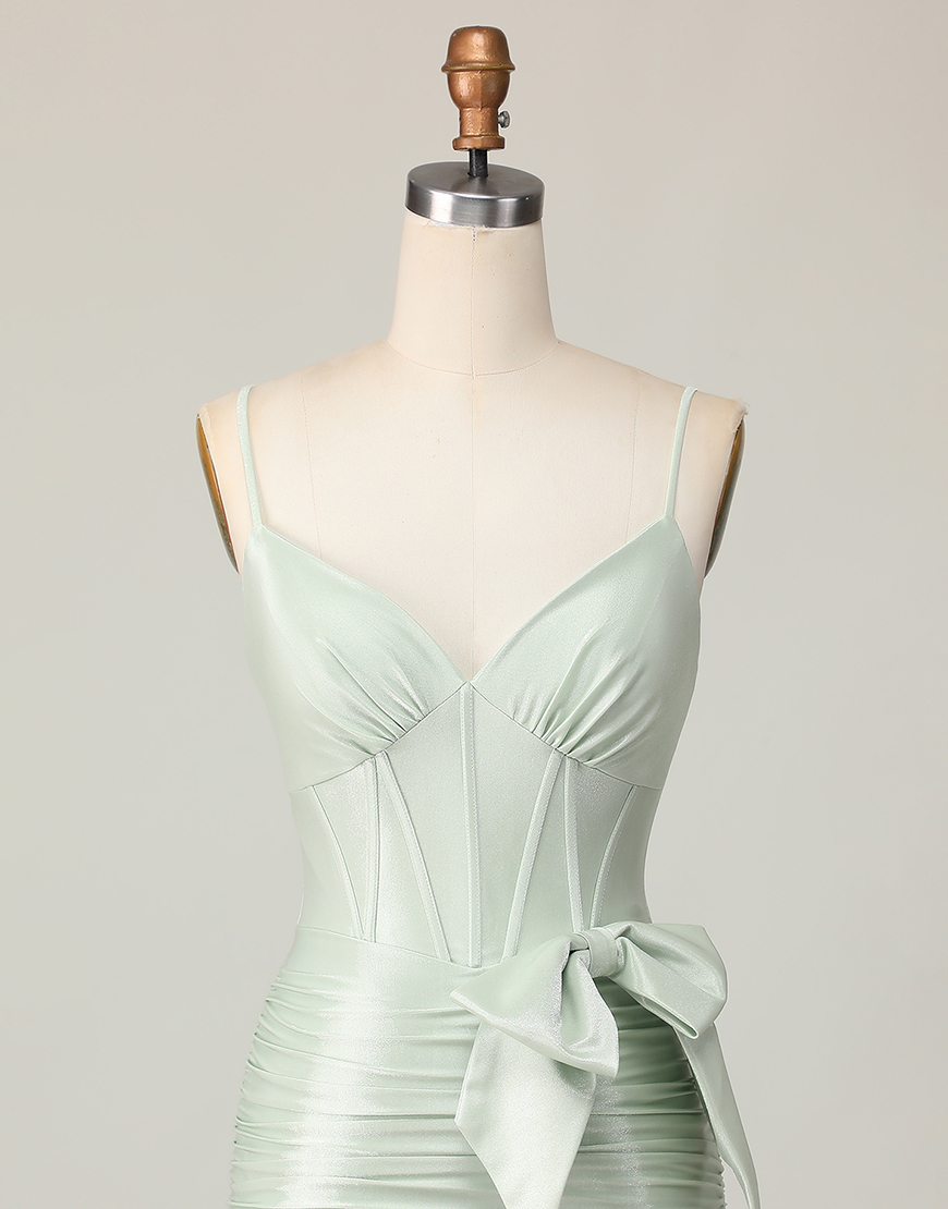 Sage Satin Tight Short Corset Homecoming Dress with Bow