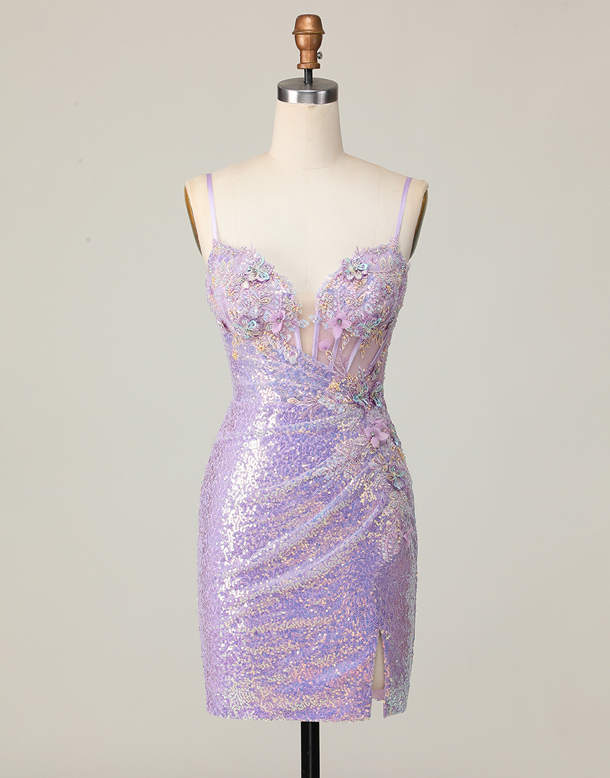 Sparkly Lilac Sequins Tight Short Corset Homecoming Dress