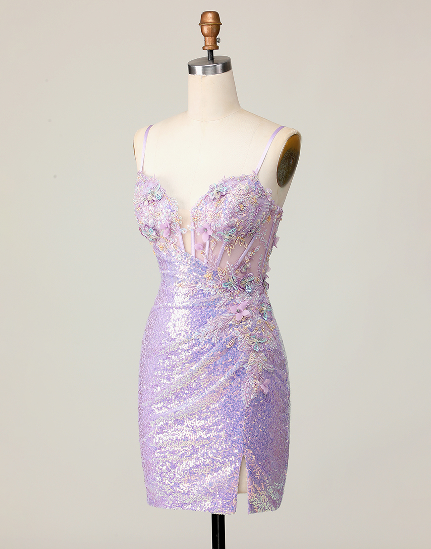 Sparkly Lilac Sequins Tight Short Corset Homecoming Dress