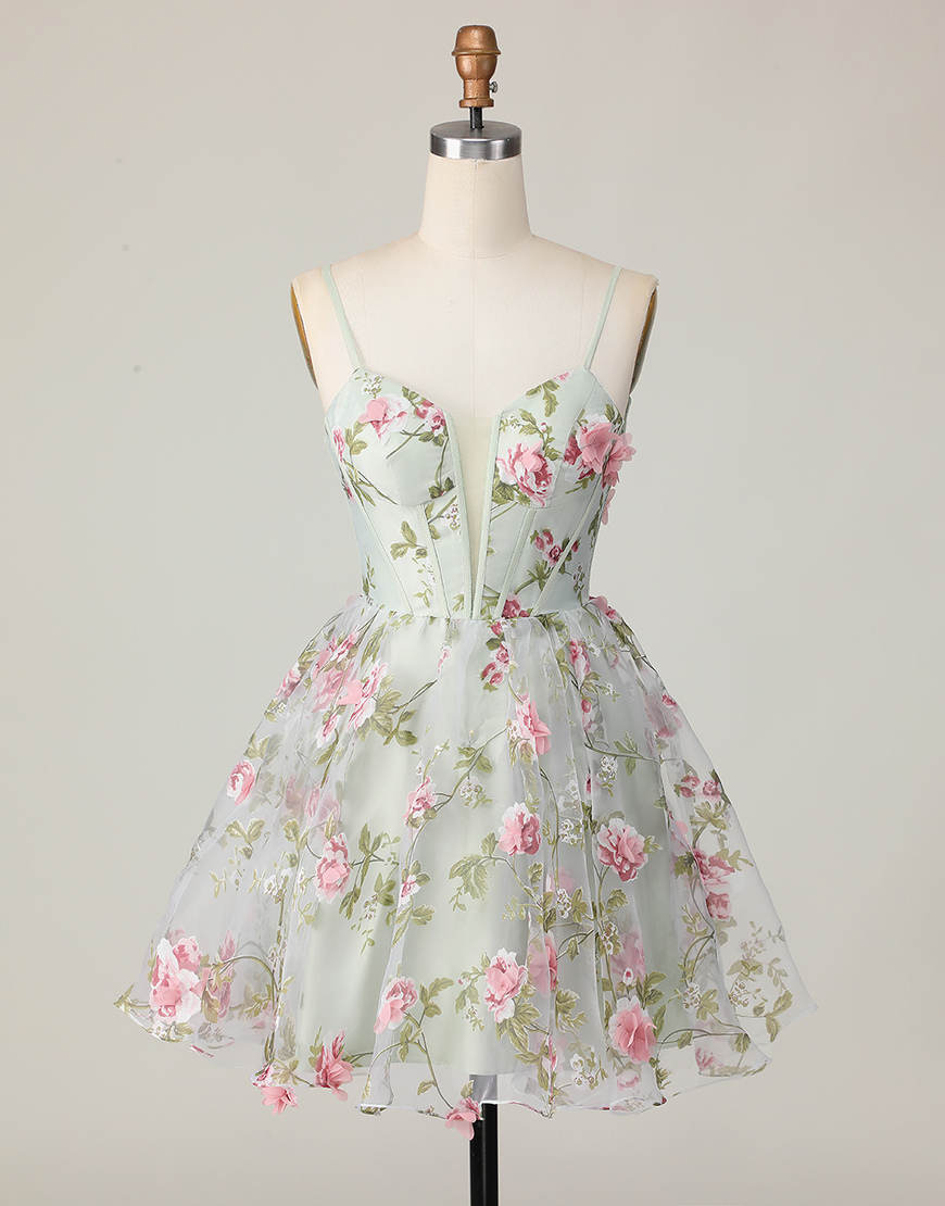 Sage Floral A Line Spaghetti Straps Short Corset Homecoming Dress