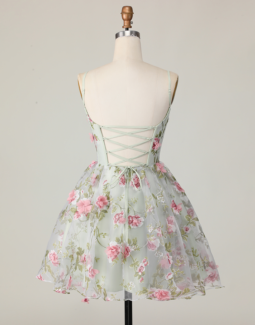 Sage Floral A Line Spaghetti Straps Short Corset Homecoming Dress