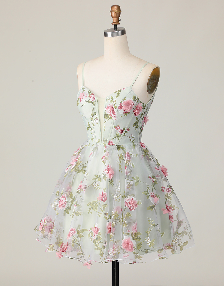 Sage Floral A Line Spaghetti Straps Short Corset Homecoming Dress