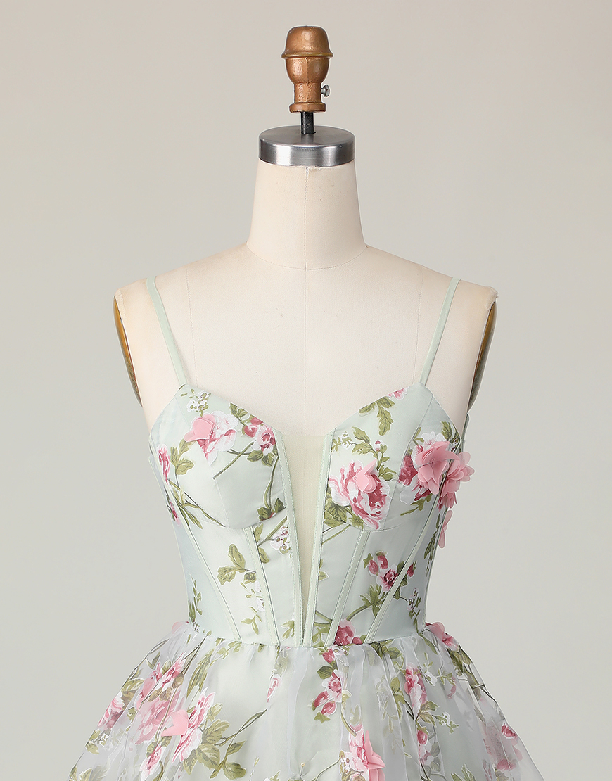 Sage Floral A Line Spaghetti Straps Short Corset Homecoming Dress