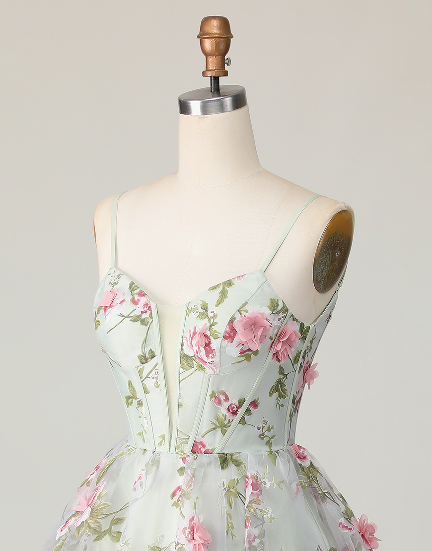 Sage Floral A Line Spaghetti Straps Short Corset Homecoming Dress