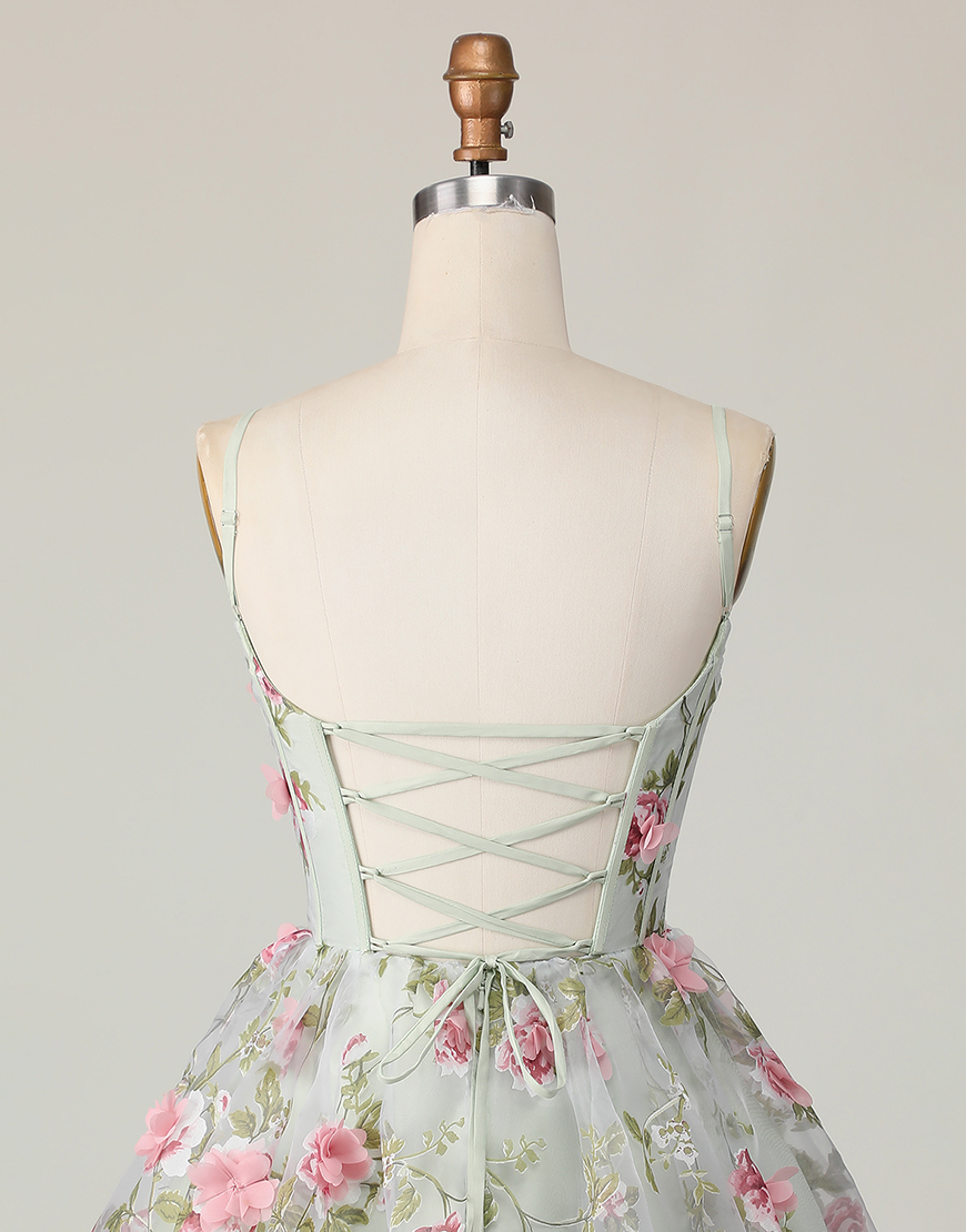 Sage Floral A Line Spaghetti Straps Short Corset Homecoming Dress
