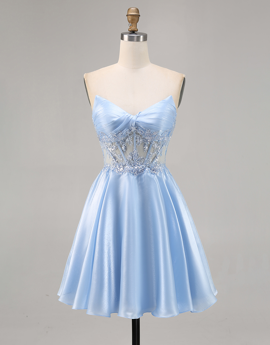Sparkly Light Blue Strapless Corset Satin Short Homecoming Dress with Lace