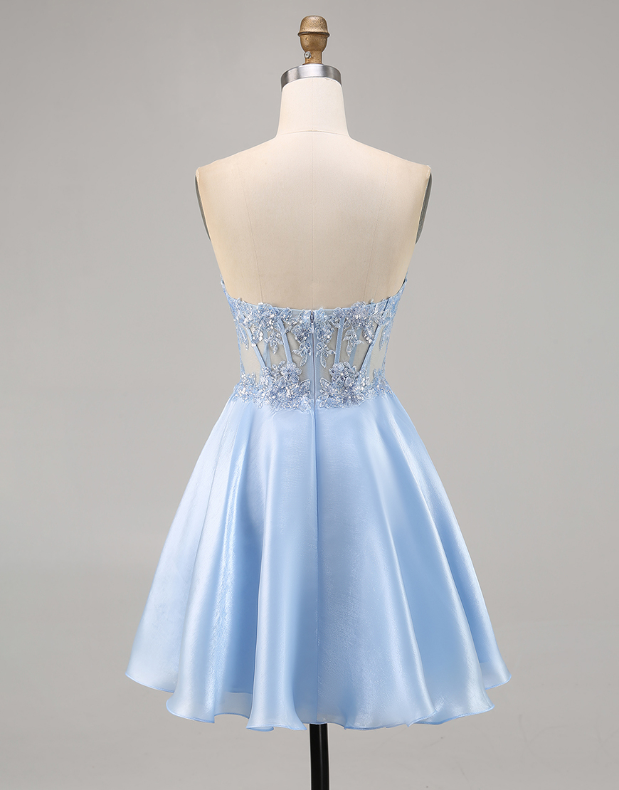Sparkly Light Blue Strapless Corset Satin Short Homecoming Dress with Lace